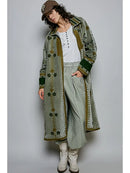 Side Slits Longline Embroidered Velvet Duster Jacket -Olive