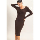 Ribbed V-Neck Long Sleeve Dress- Dark Brown