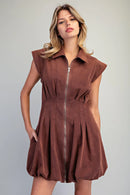 Pleated Zip Front Bubble Mini Dress