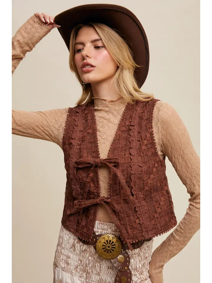 Embroidered Lace Tie-Front Vest