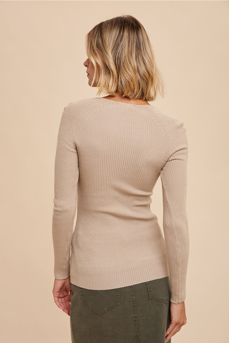 Ribbed Knit Notched V-Neck Top-Eggshell