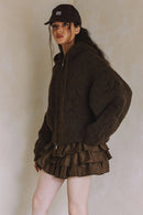 Cable Knit Hoodie Zip up Cardigan- Brown
