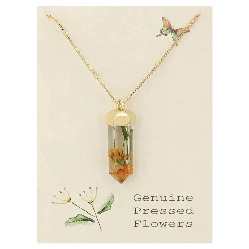 Cottage Floral Dried Yellow Flower Crystal Necklace