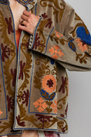 Vine Motifs Embroidered Long Sleeve Contrast Velvet Jacket- Olive