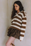 Cozy Striped Knit Henley Soft Sweater- Camel