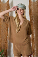 Split Neck Short Sleeve Terry Knit Top- Mocha