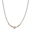 White Glass Beads with Gold Accent Beads and Semiprecious Fresh Water Pearl Center Necklace