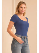 Square Neck Short Sleeve Bodysuit- Navy Blue