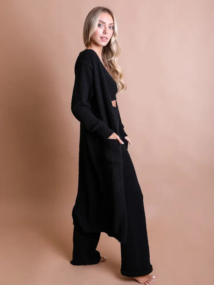 Boucle Cozy Longline Cardigan w/ Pockets - Black