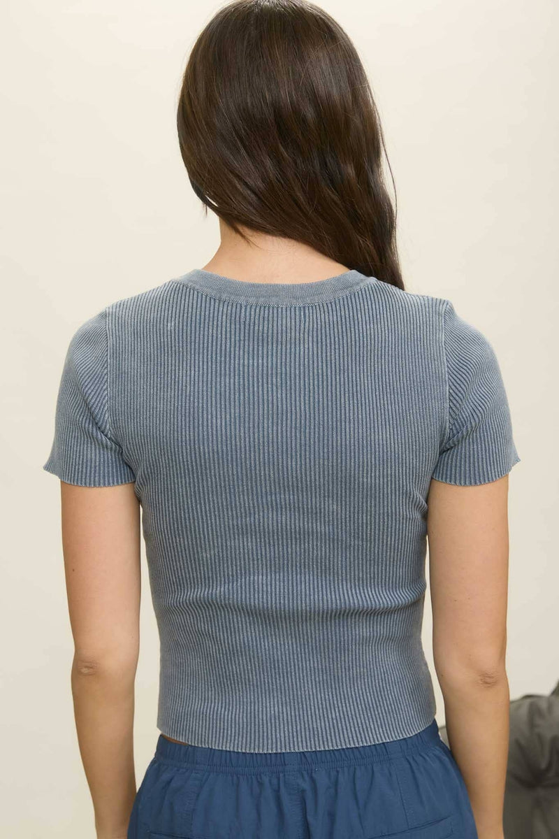 Washed Ribbed Short Sleeve Cropped Knit Tee