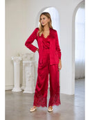 Three-Quarter Sleeve Satin Blazer with Lace Detail- Red