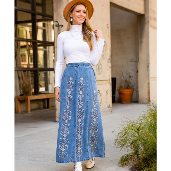 A-Line High Waist Hand Embroidery Denim Western Skirt