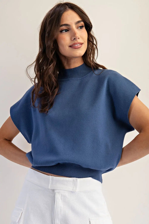 Mock Neck Short Sleeve Knit Top