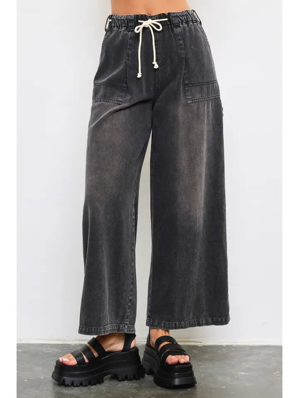 Wide Leg Denim Pants - Charcoal