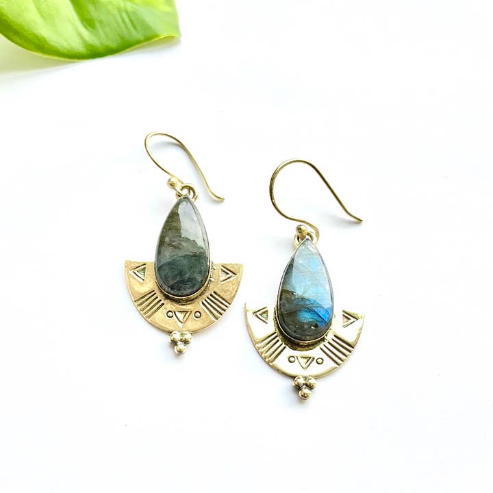 Brass Etched Labradorite Shield Earring