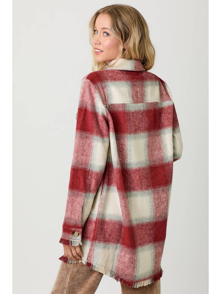 Fringe Detailed Long Plaid Jacket