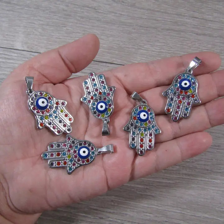 Rainbow Evil Eye Stainless Steel Hamsa Hand Pendant