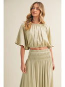 Shirred Waistband Voluminous Sleeve Blouse