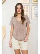 Washed Scoop Neck Raw Edge Short Sleeve Knit Top