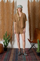 Split Neck Short Sleeve Terry Knit Top- Mocha