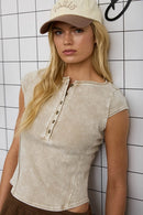 Washed Exposed Seam Henley Ribbed Knit Top- Mocha