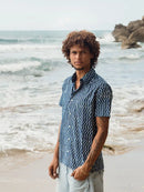 Mens Short Sleeve Button Down - Organic Cotton - Indigo Zig Zag