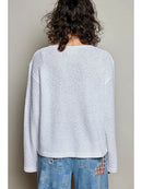 Textured Ribbed Knit Split Neck Relaxed Fit Wide Sleeve Top- Off White