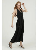 V Neck Halter Acid Wash Jumpsuit with Lace Insets
