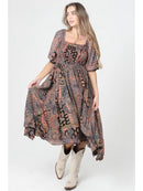 Smocked Bodice Half Sleeve Midi Dress with Hanky