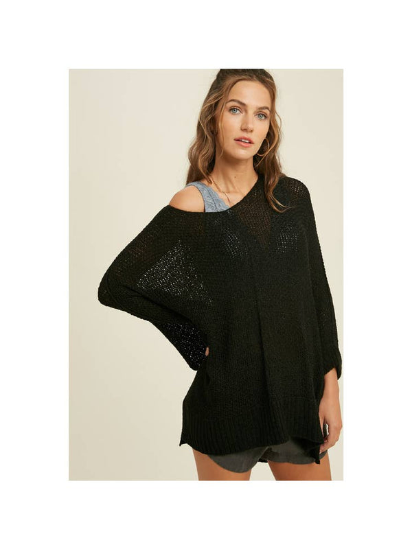 3/4 Sleeve Knit Sweater w/ Cuff Detail - Black