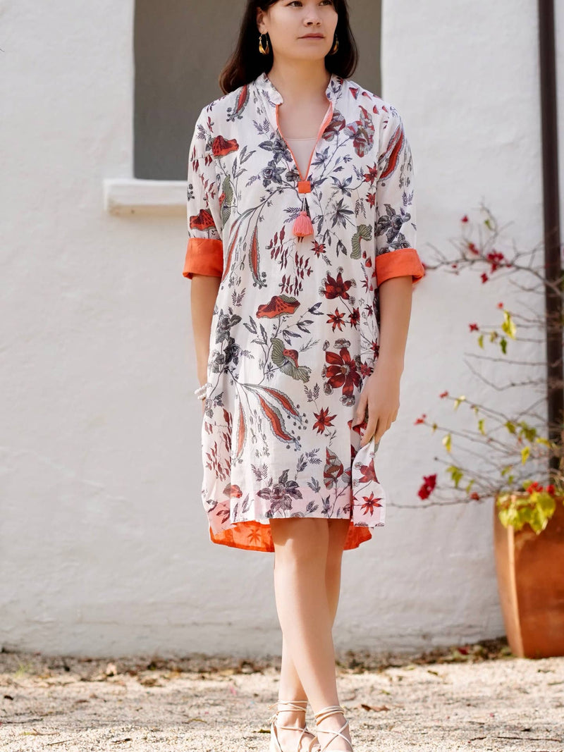 Bea Contrast Cuff Tunic Dress Coral