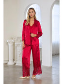 Three-Quarter Sleeve Satin Blazer with Lace Detail- Red