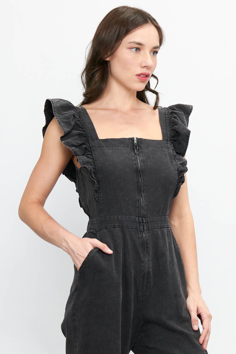 Ruffled Washed Cotton Jumpsuit with Front Zipper