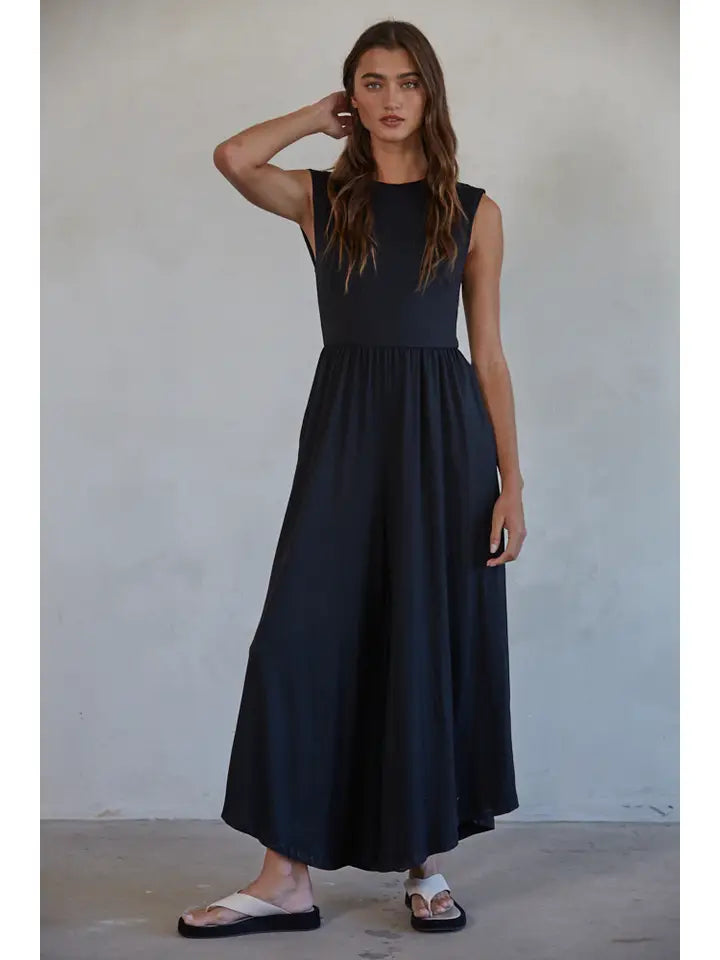 Knit Polyester Spandex Open Back Wide Leg Jumpsuit