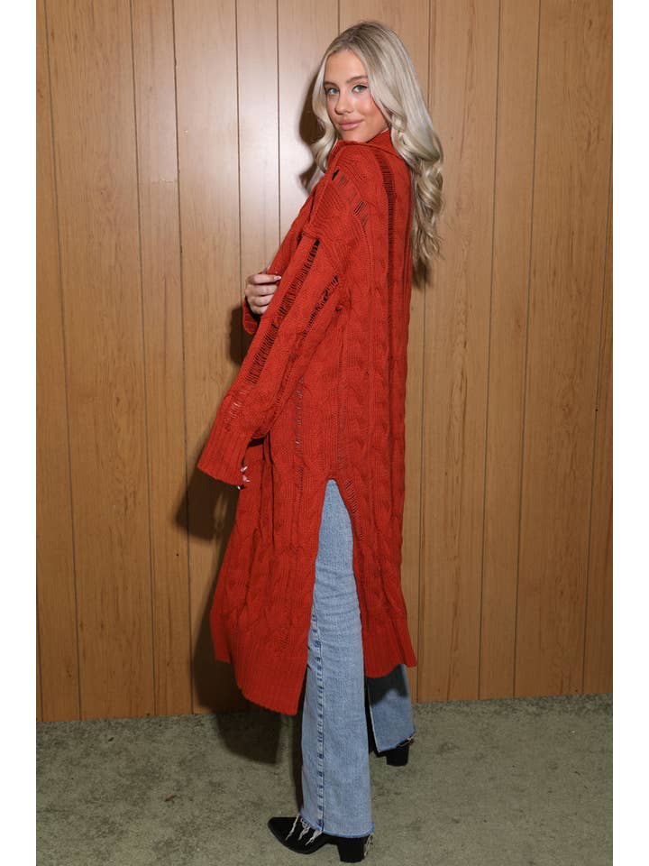 Open Knit Long Cardigan Sweater - Rust