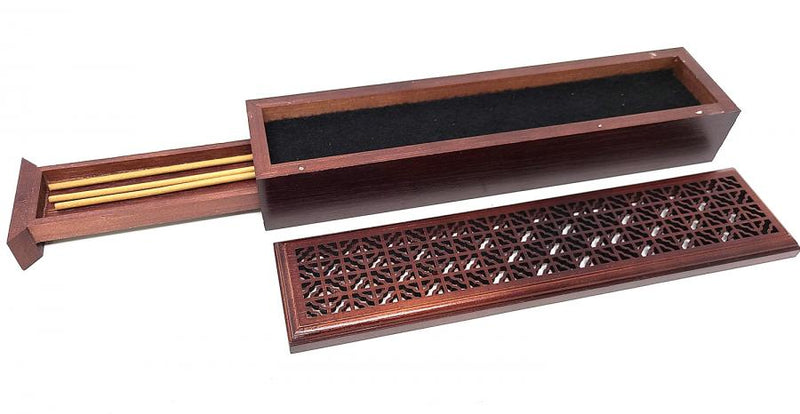 Large Size- Rosewood Finish Wood Incense Box Burner w/Storage