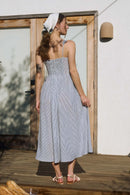 Stripe Sleeveless Corset Detail Midi Dress- Navy