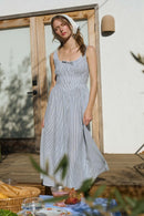 Stripe Sleeveless Corset Detail Midi Dress- Navy