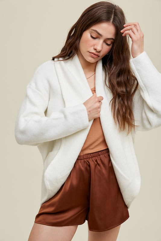 Oversized Shawl Collar Cardigan With Pockets- Ivory