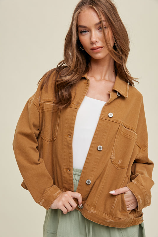 Washed Denim Jacket With Pleated Back- Camel