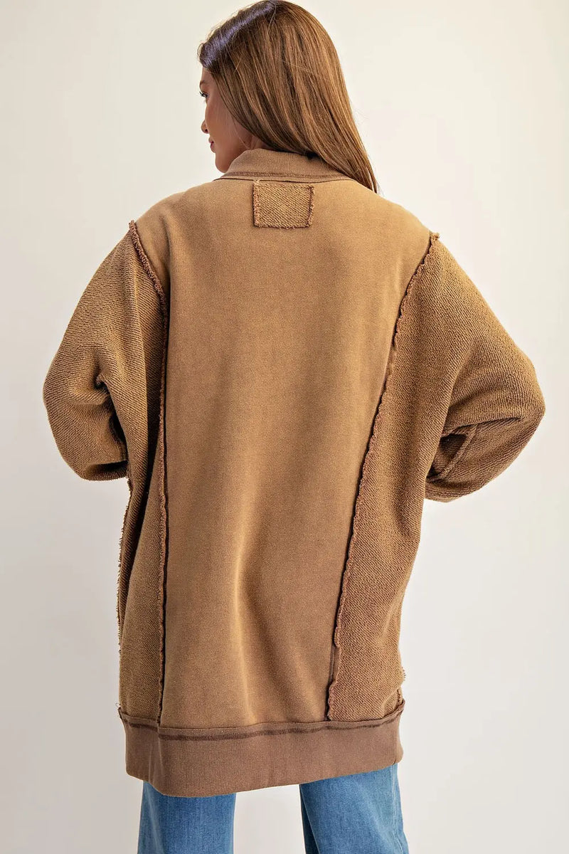 Mineral Washed Longline Terry Button Down Jacket - Mocha