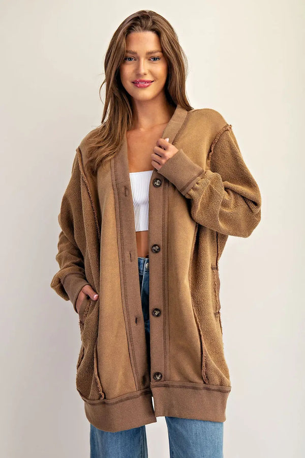 Mineral Washed Longline Terry Button Down Jacket - Mocha