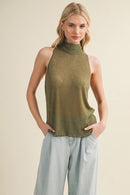 Tie-Back Mock Neck Ribbed Knit Top