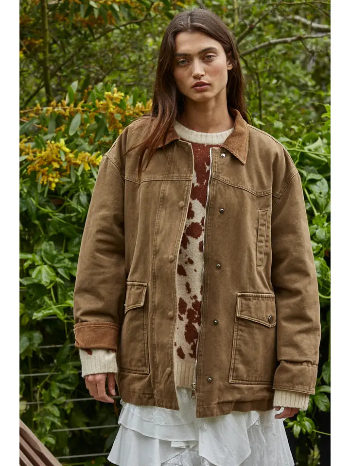 Woven Cotton Collared Zip-Up Long Sleeve Jacket