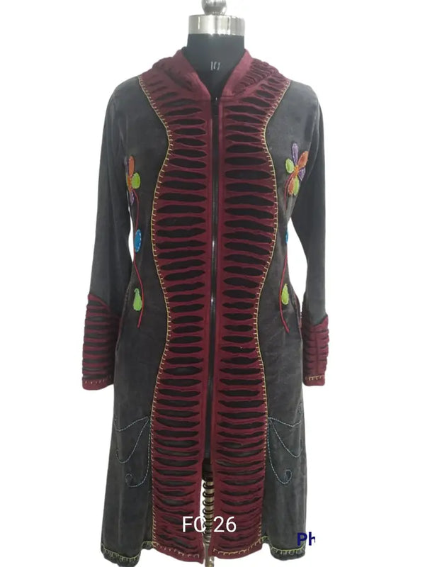 Cotton Flower Embroidery Razor Cut Long Zip Up Jacket