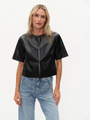 Faux Leather Round Neck Jacket - Quinn