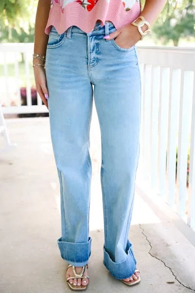 TC-High-Rise- Ankle Wide-Cuffed Jeans