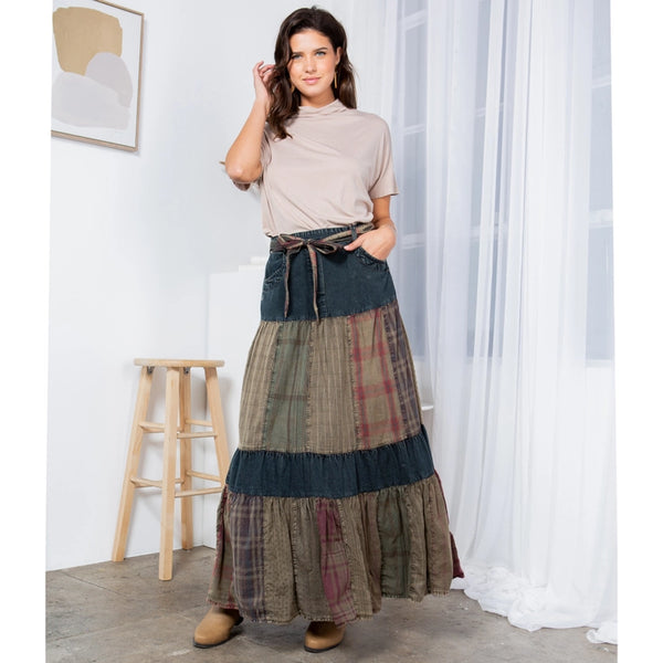 Long Denim Patchwork Skirt