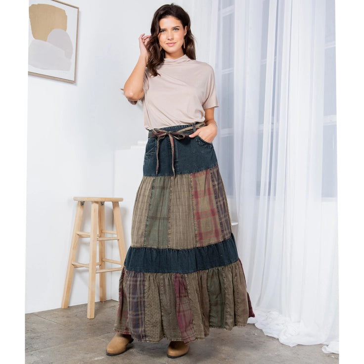 Long Denim Patchwork Skirt