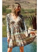 Smocked Bodice V- Neck Dress -  Mint